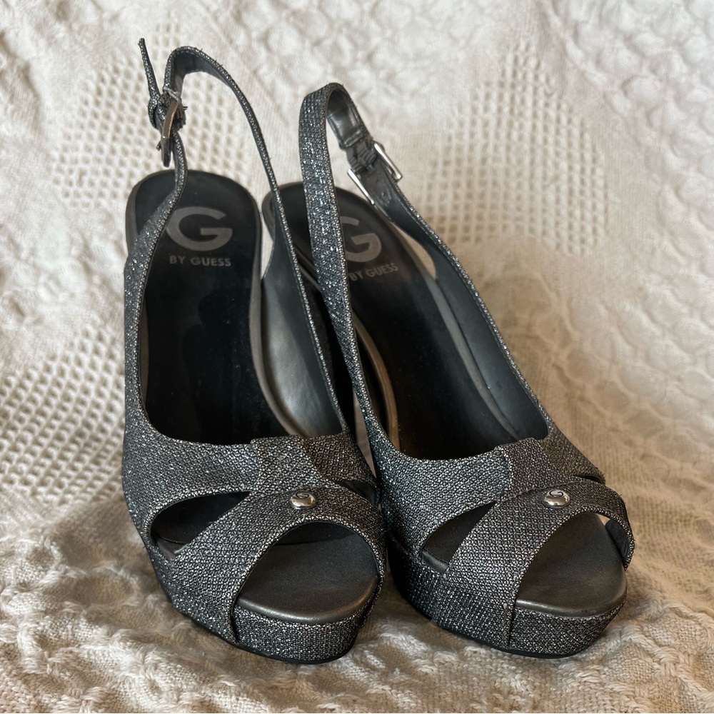 Guess Silver Glitter Platform Sling back Heels